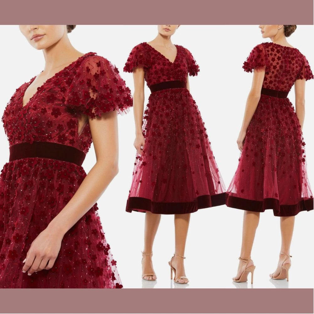 NWT $498 Mac Duggal [ 10 ] Embellished Floral Velvet Hem Midi Dress Burgundy Red